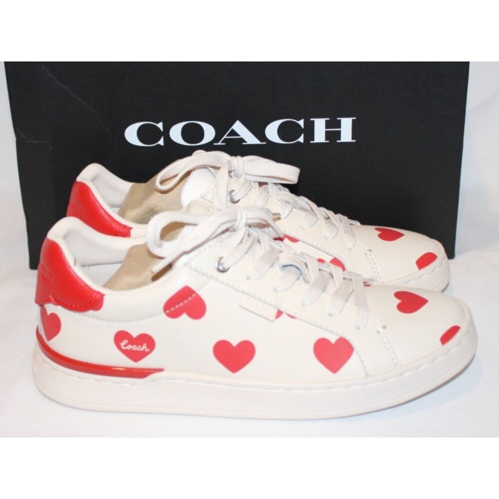 COACH WOMEN'S LOWLINE VALENTINE'S LEATHER HEART SNEAKERS WHITE‎ RED SZ 6 NIB